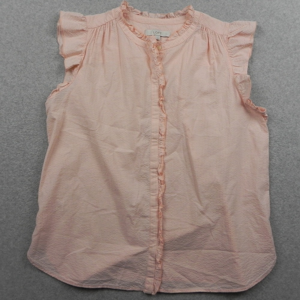 LOFT Blouse Womens L Sleeveless‎ Ruffle Gingham Seersucker Peach Button Up Top